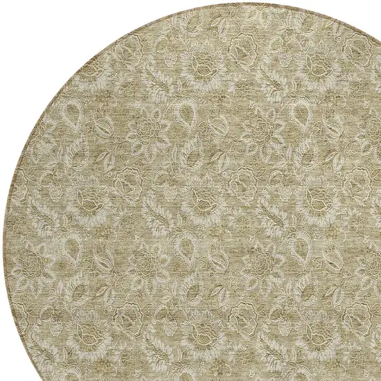 8' Beige Taupe And Brown Round Floral Washable Indoor Outdoor Area Rug Photo 4