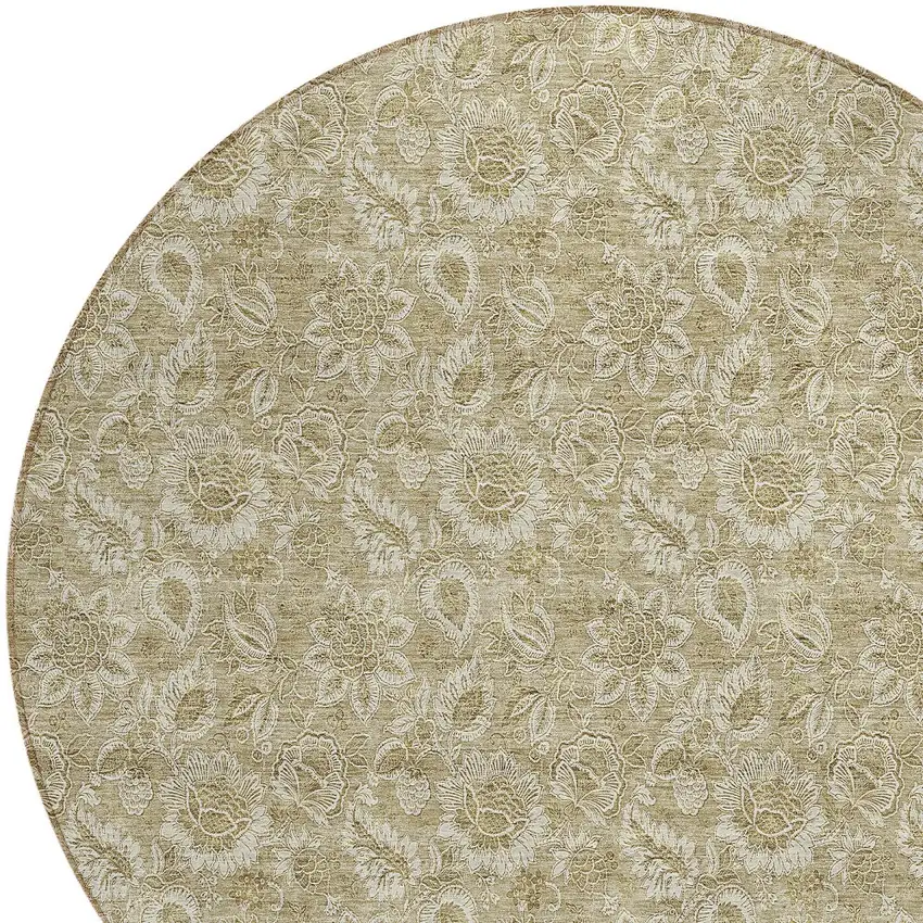 8' Beige Taupe And Brown Round Floral Washable Indoor Outdoor Area Rug Photo 4