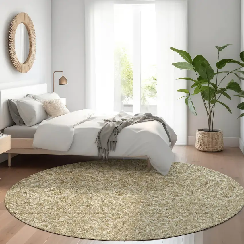 8' Beige Taupe And Brown Round Floral Washable Indoor Outdoor Area Rug Photo 7