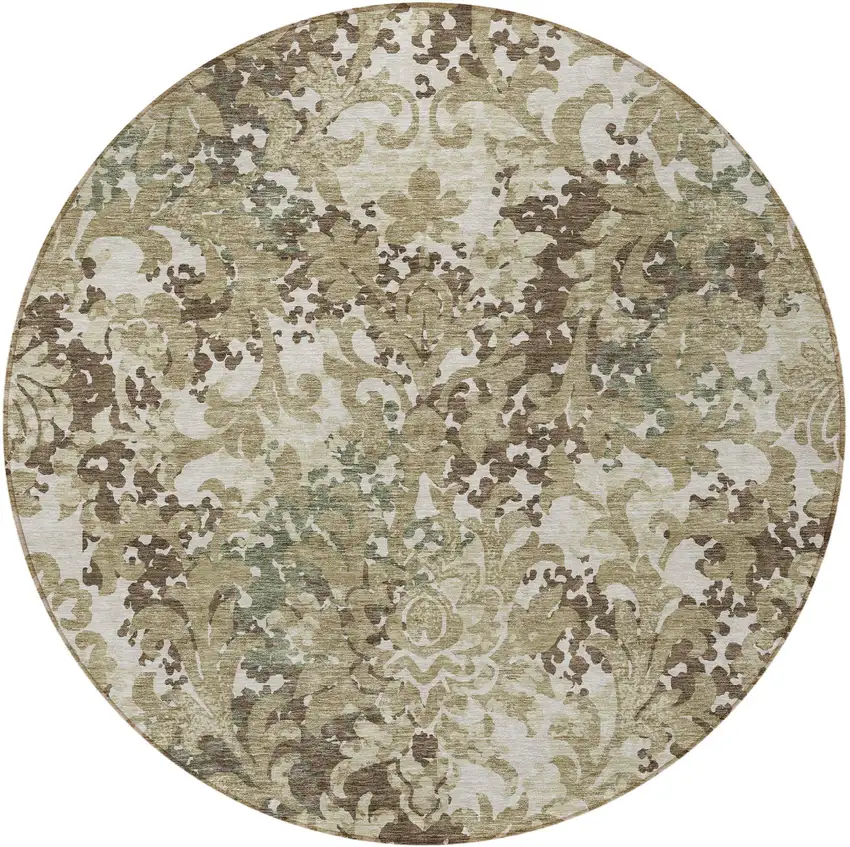 8' Beige Taupe And Brown Round Floral Washable Indoor Outdoor Area Rug Photo 4