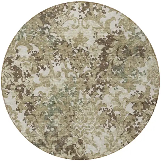8' Beige Taupe And Brown Round Floral Washable Indoor Outdoor Area Rug Photo 4