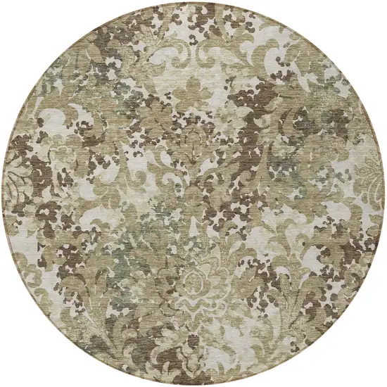 8' Beige Taupe And Brown Round Floral Washable Indoor Outdoor Area Rug Photo 4