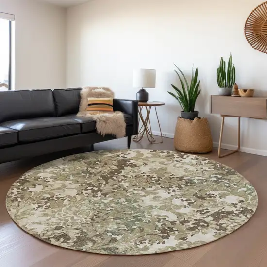 8' Beige Taupe And Brown Round Floral Washable Indoor Outdoor Area Rug Photo 6