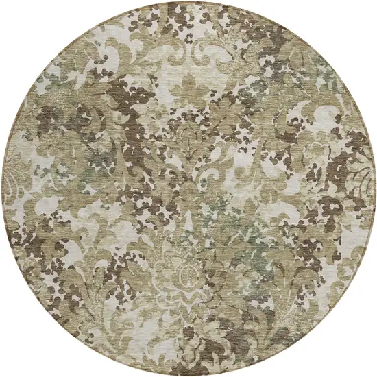 8' Beige Taupe And Brown Round Floral Washable Indoor Outdoor Area Rug Photo 1