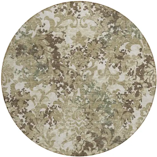 8' Beige Taupe And Brown Round Floral Washable Indoor Outdoor Area Rug Photo 1