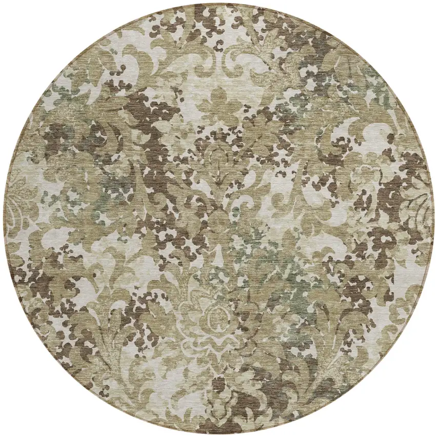 8' Beige Taupe And Brown Round Floral Washable Indoor Outdoor Area Rug Photo 1