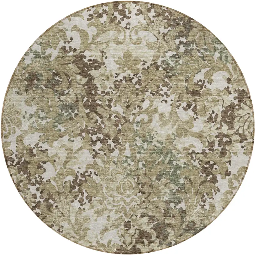 8' Beige Taupe And Brown Round Floral Washable Indoor Outdoor Area Rug Photo 1