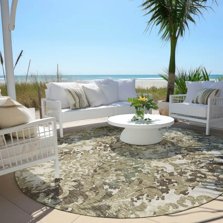 8' Beige Taupe And Brown Round Floral Washable Indoor Outdoor Area Rug Photo 5