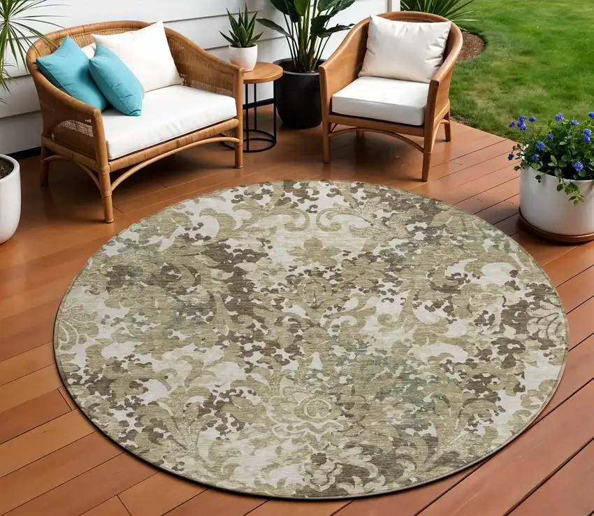 8' Beige Taupe And Brown Round Floral Washable Indoor Outdoor Area Rug Photo 1