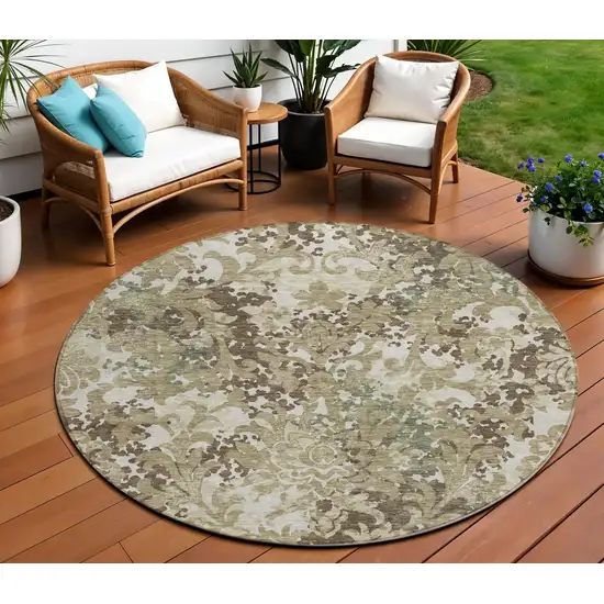 8' Beige Taupe And Brown Round Floral Washable Indoor Outdoor Area Rug Photo 1
