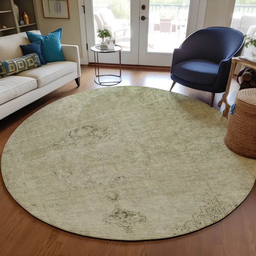 8' Beige Taupe And Brown Round Oriental Washable Indoor Outdoor Area Rug Photo 7