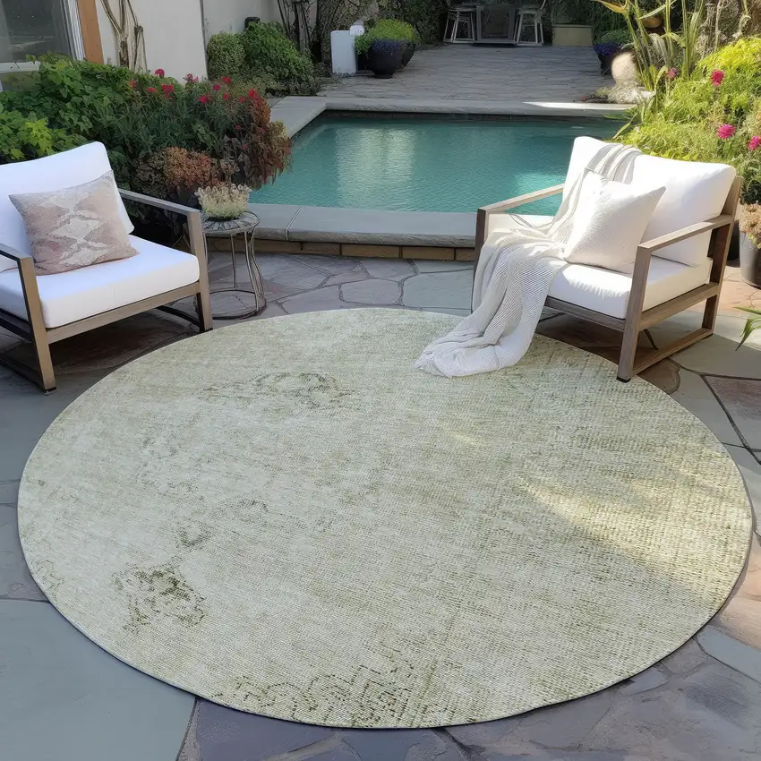 8' Beige Taupe And Brown Round Oriental Washable Indoor Outdoor Area Rug Photo 6
