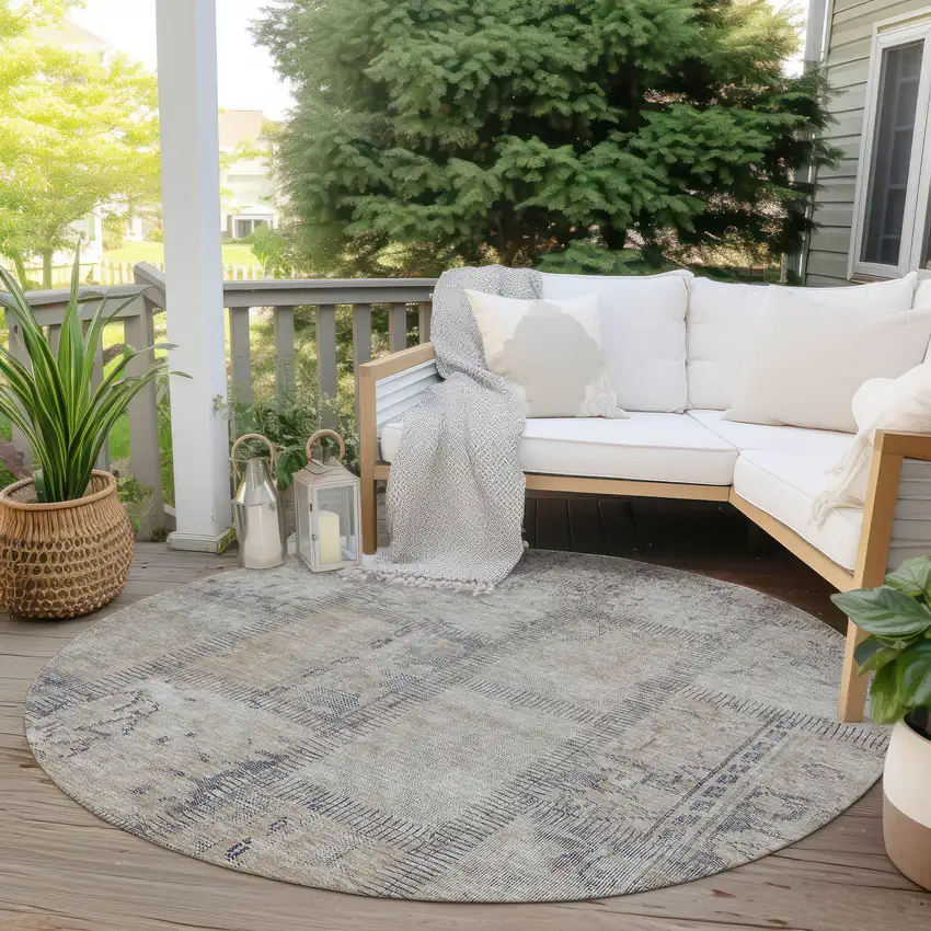 8' Beige Taupe And Brown Round Patchwork Washable Indoor Outdoor Area Rug Photo 6