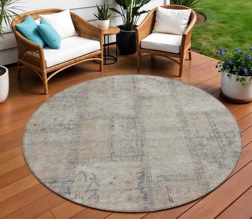 8' Beige Taupe And Brown Round Patchwork Washable Indoor Outdoor Area Rug Photo 1