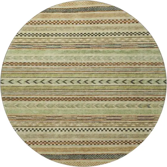 8' Beige Taupe And Brown Striped Washable Round Rug With UV Protection Photo 3
