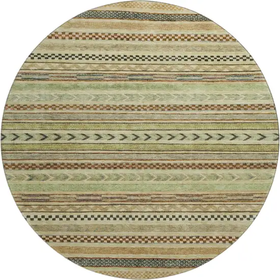 8' Beige Taupe And Brown Striped Washable Round Rug With UV Protection Photo 1