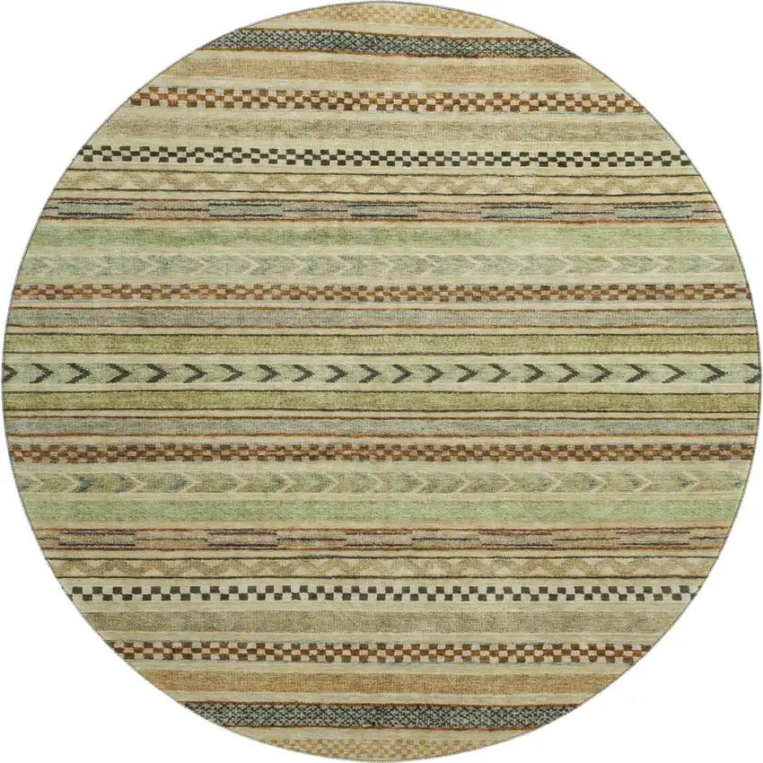 8' Beige Taupe And Brown Striped Washable Round Rug With UV Protection Photo 1