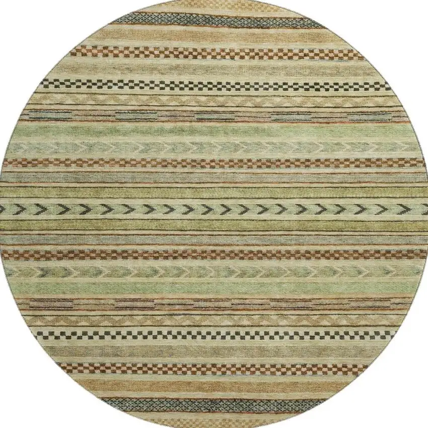 8' Beige Taupe And Brown Striped Washable Round Rug With UV Protection Photo 2