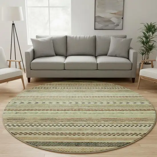 8' Beige Taupe And Brown Striped Washable Round Rug With UV Protection Photo 2