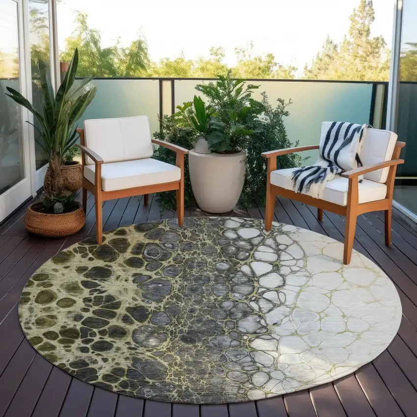 8' Beige Taupe And Chocolate Round Abstract Washable Indoor Outdoor Area Rug Photo 7