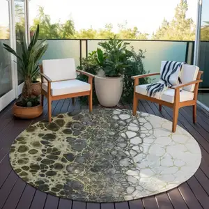 Photo of 8' Beige Taupe And Chocolate Round Abstract Washable Indoor Outdoor Area Rug