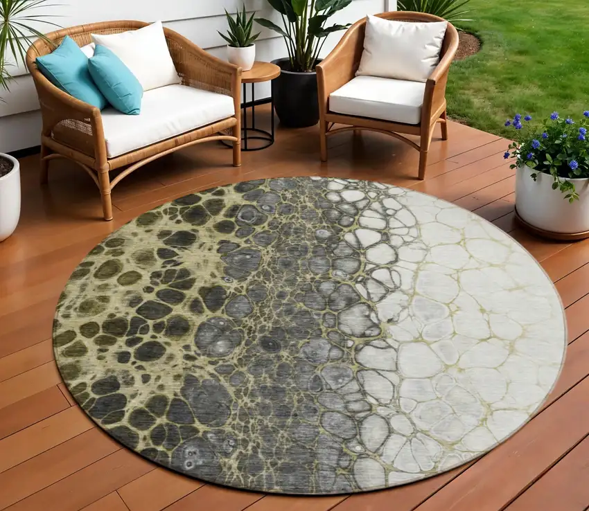 8' Beige Taupe And Chocolate Round Abstract Washable Indoor Outdoor Area Rug Photo 1