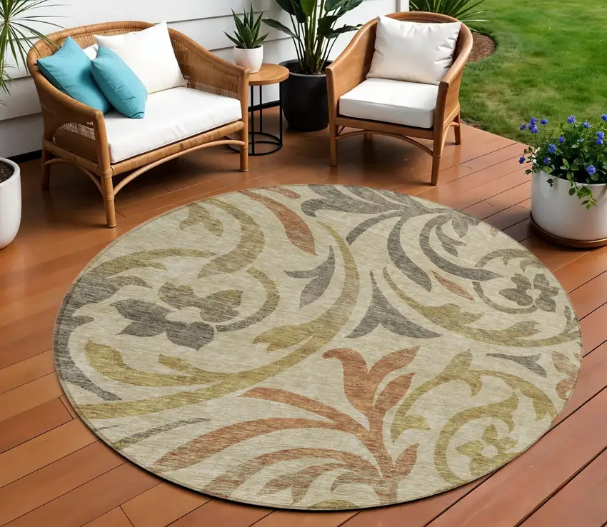 8' Beige Taupe And Copper Round Floral Washable Indoor Outdoor Area Rug Photo 1