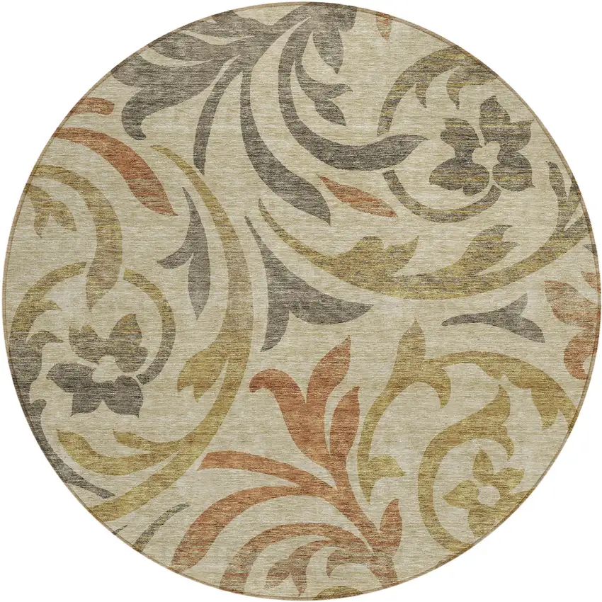 8' Beige Taupe And Copper Round Floral Washable Indoor Outdoor Area Rug Photo 2