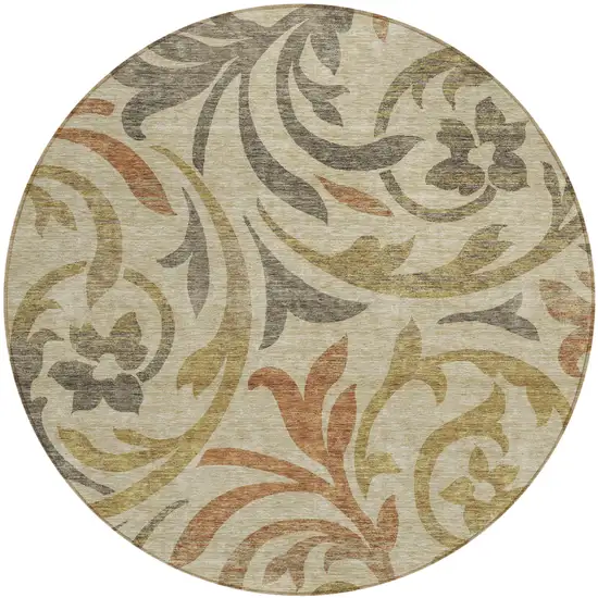 8' Beige Taupe And Copper Round Floral Washable Indoor Outdoor Area Rug Photo 2