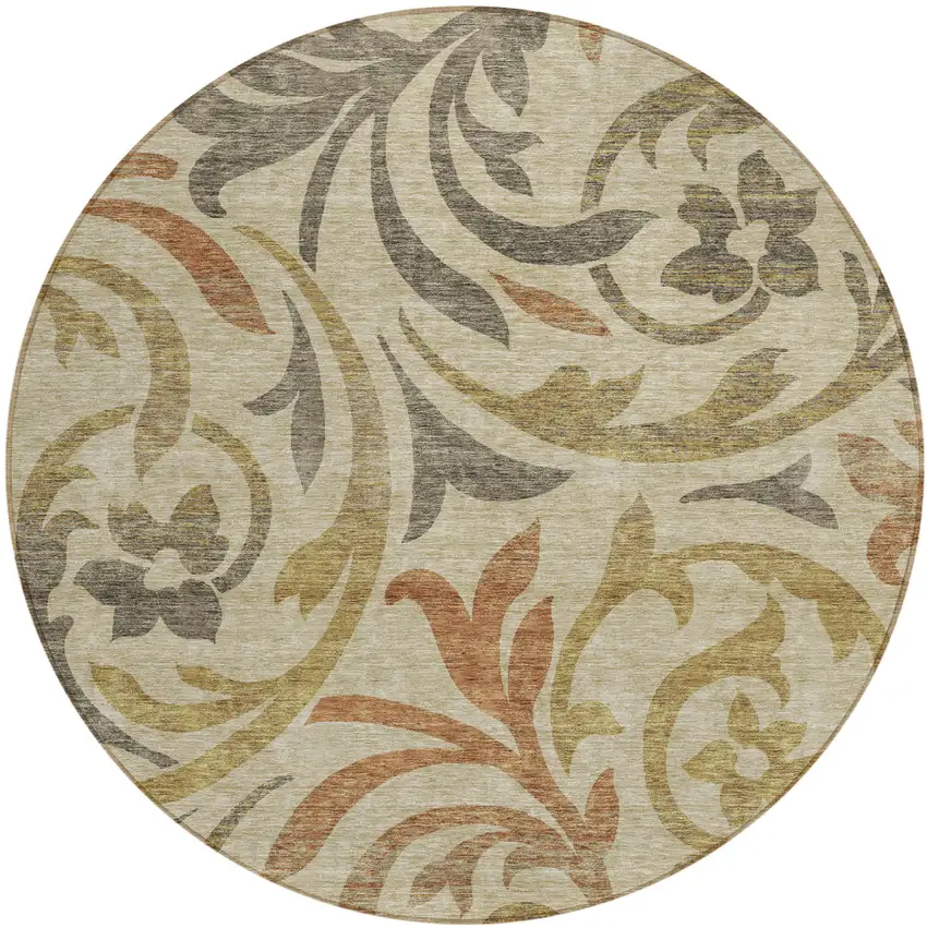 8' Beige Taupe And Copper Round Floral Washable Indoor Outdoor Area Rug Photo 2