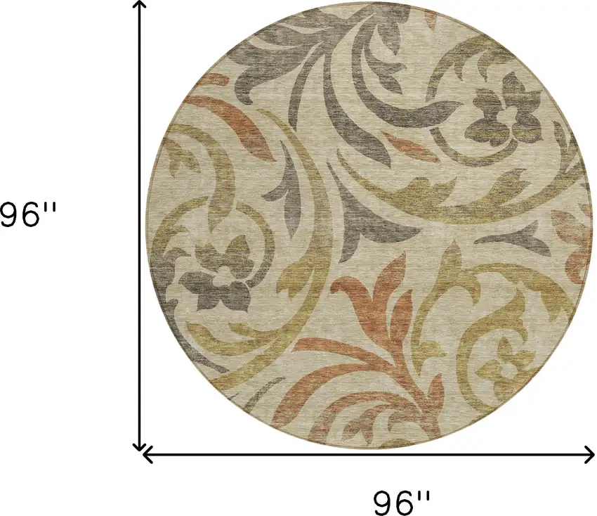 8' Beige Taupe And Copper Round Floral Washable Indoor Outdoor Area Rug Photo 8