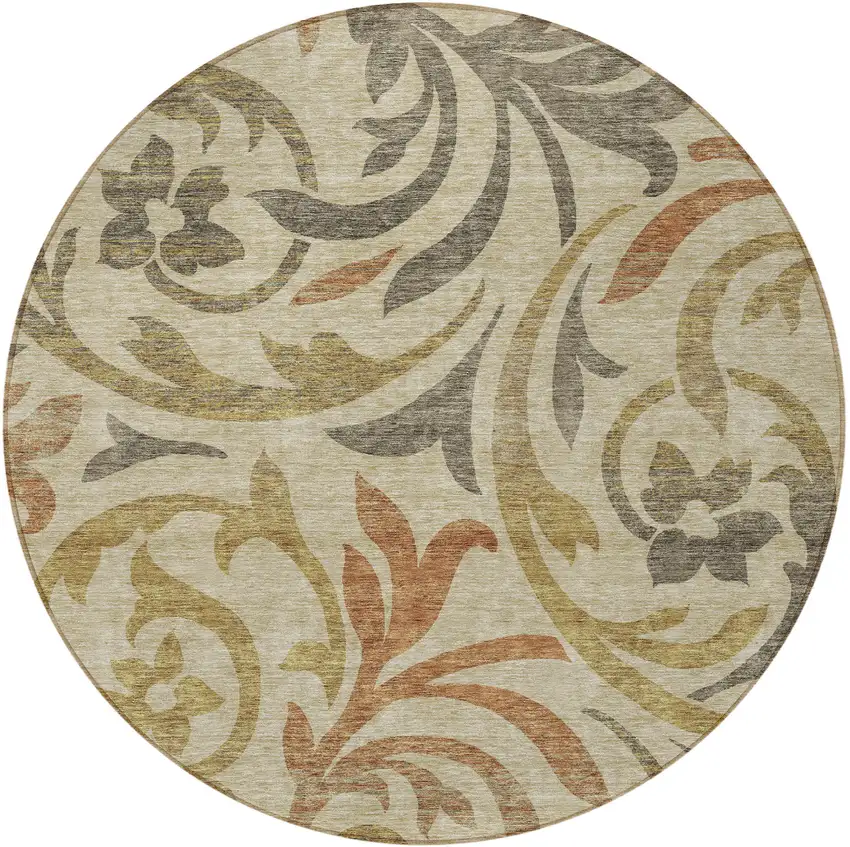 8' Beige Taupe And Copper Round Floral Washable Indoor Outdoor Area Rug Photo 5
