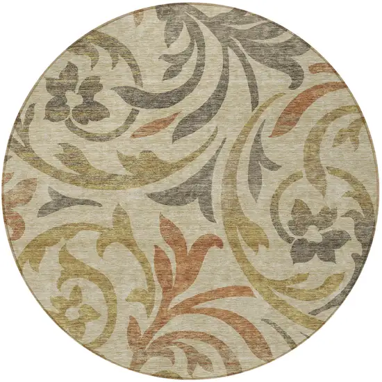 8' Beige Taupe And Copper Round Floral Washable Indoor Outdoor Area Rug Photo 5