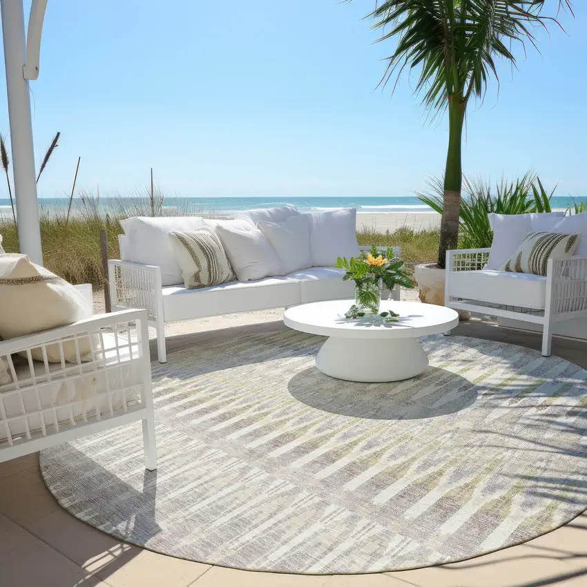 8' Beige Taupe And Gold Round Southwestern Washable Indoor Outdoor Area Rug Photo 6