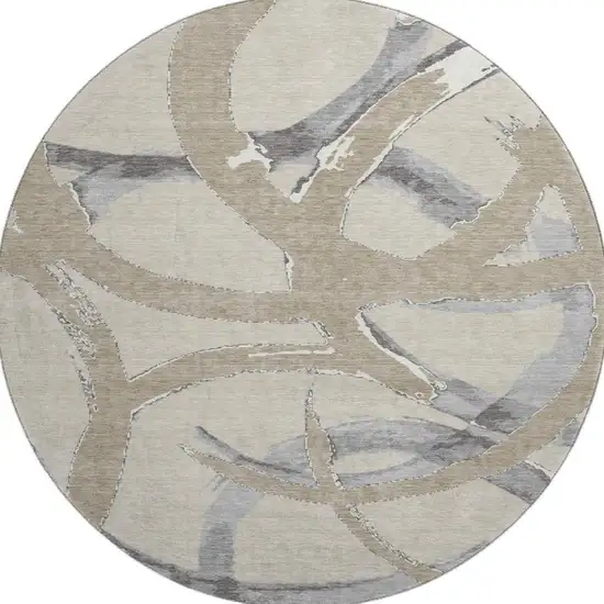 8' Beige Taupe And Gray Abstract Washable Round Rug With UV Protection Photo 2