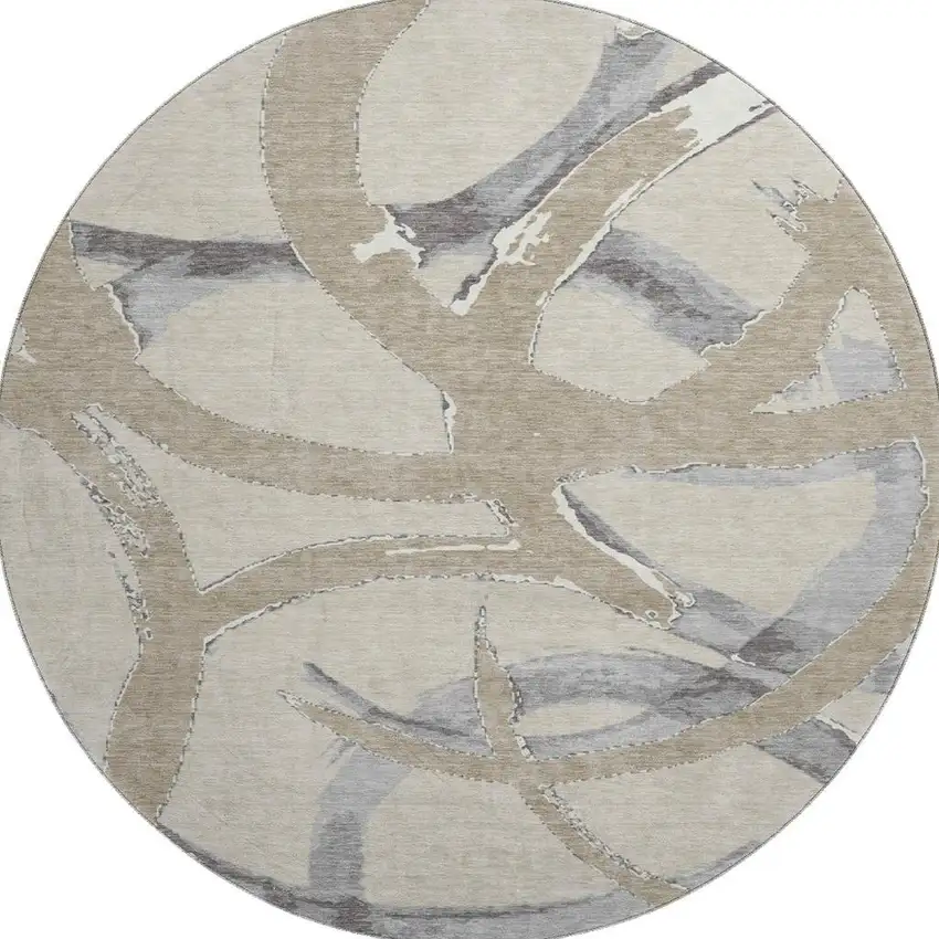 8' Beige Taupe And Gray Abstract Washable Round Rug With UV Protection Photo 2