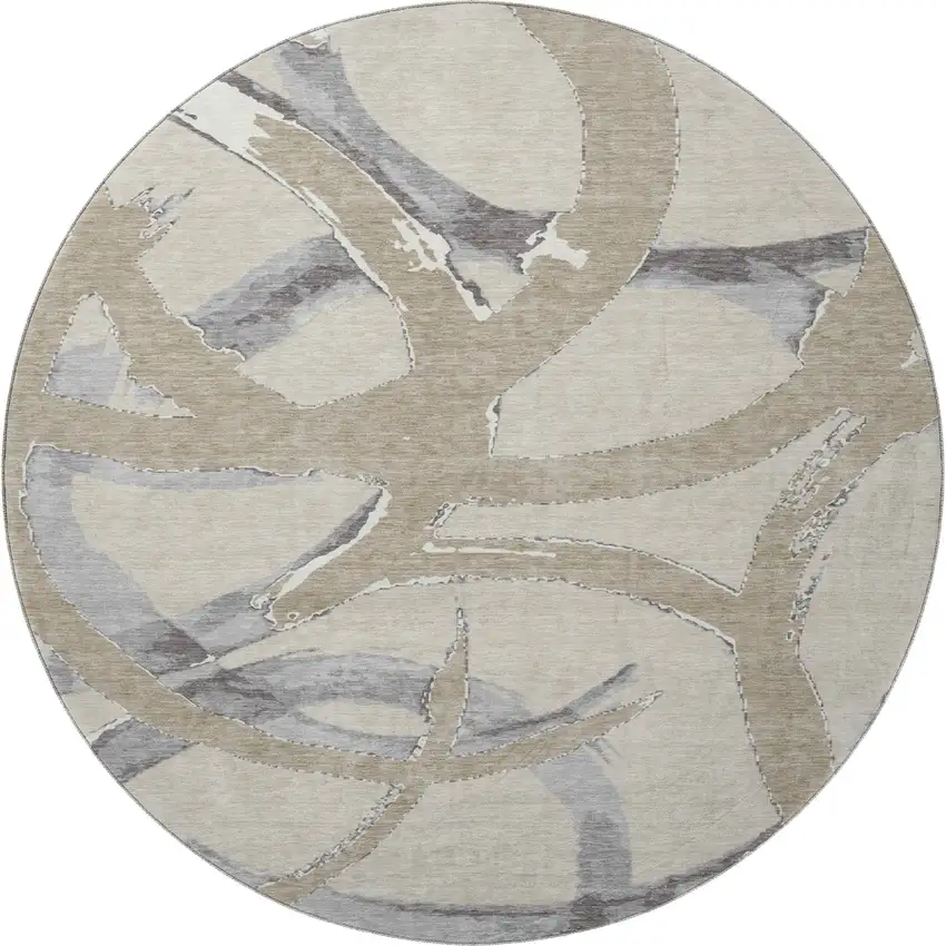 8' Beige Taupe And Gray Abstract Washable Round Rug With UV Protection Photo 3