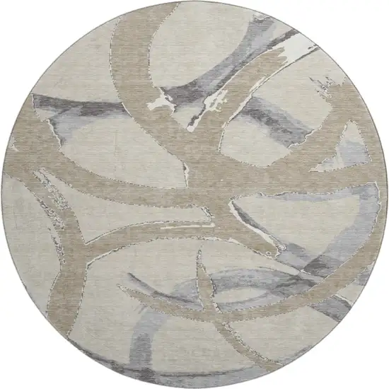 8' Beige Taupe And Gray Abstract Washable Round Rug With UV Protection Photo 1