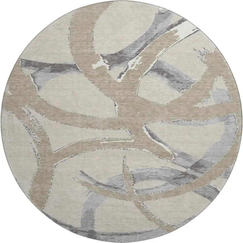 8' Beige Taupe And Gray Abstract Washable Round Rug With UV Protection Photo 1