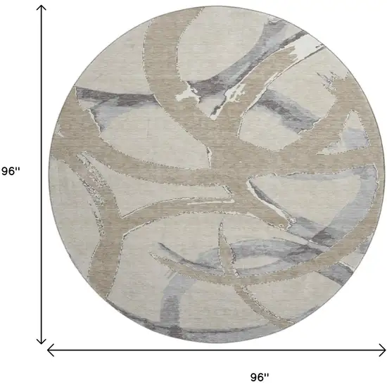 8' Beige Taupe And Gray Abstract Washable Round Rug With UV Protection Photo 9
