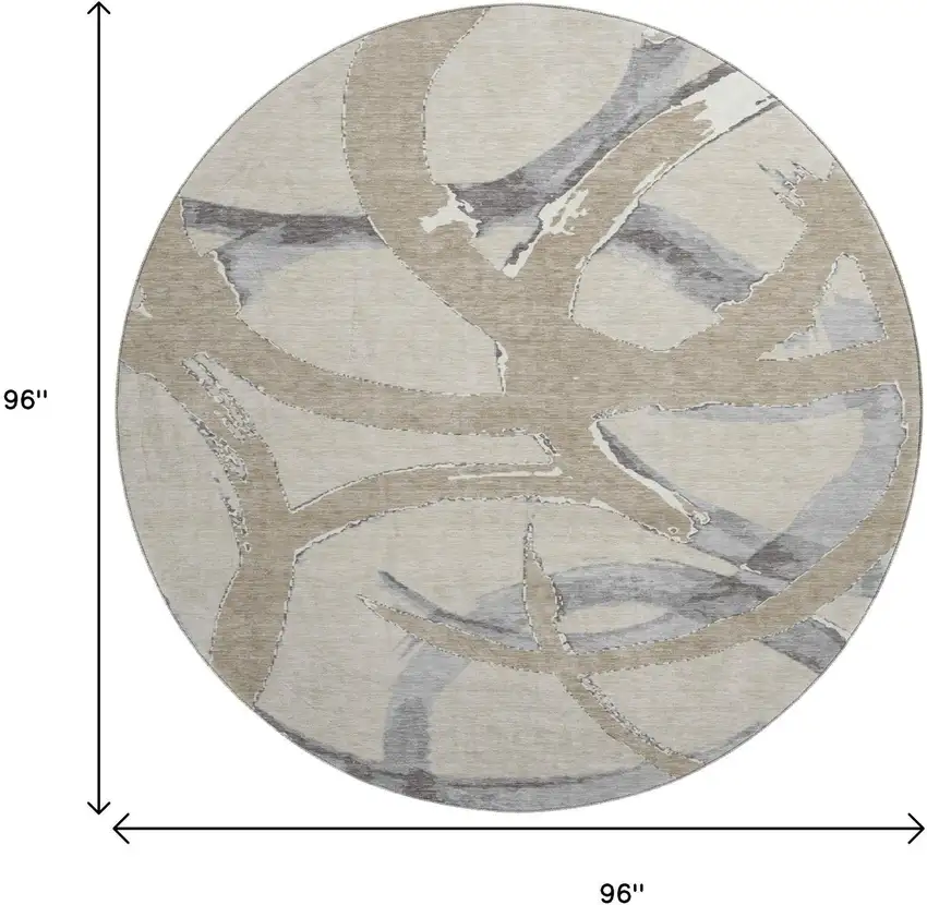 8' Beige Taupe And Gray Abstract Washable Round Rug With UV Protection Photo 9