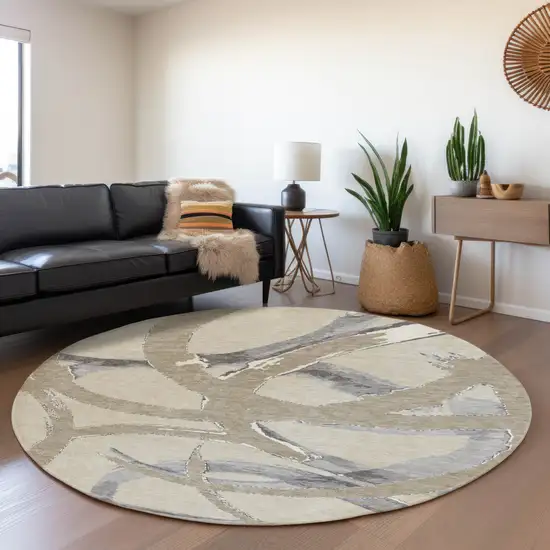 8' Beige Taupe And Gray Abstract Washable Round Rug With UV Protection Photo 4