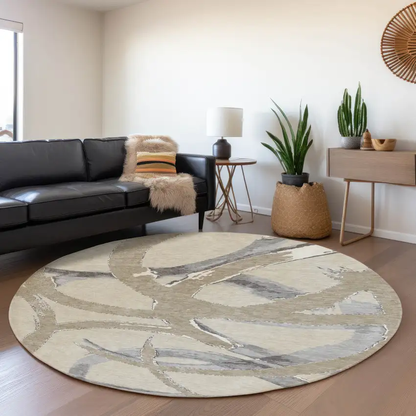 8' Beige Taupe And Gray Abstract Washable Round Rug With UV Protection Photo 4