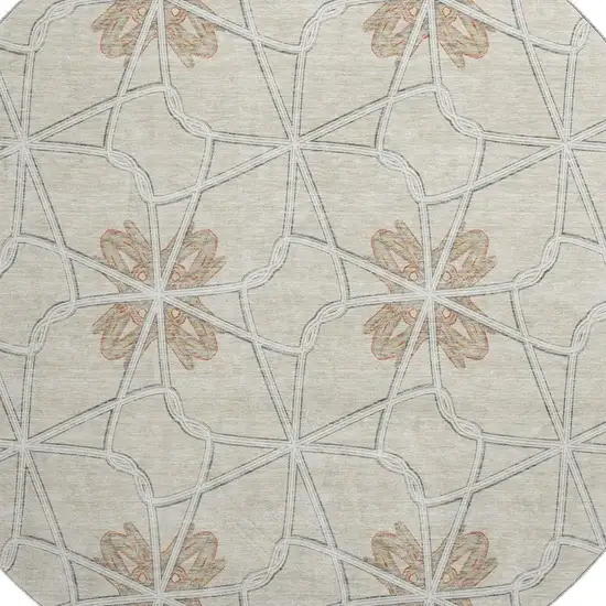 8' Beige Taupe And Gray Geometric Washable Round Rug With UV Protection Photo 2