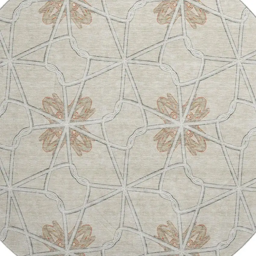 8' Beige Taupe And Gray Geometric Washable Round Rug With UV Protection Photo 2