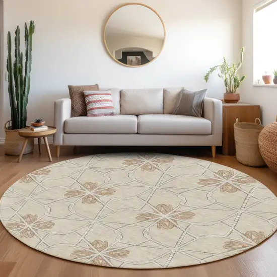 8' Beige Taupe And Gray Geometric Washable Round Rug With UV Protection Photo 4