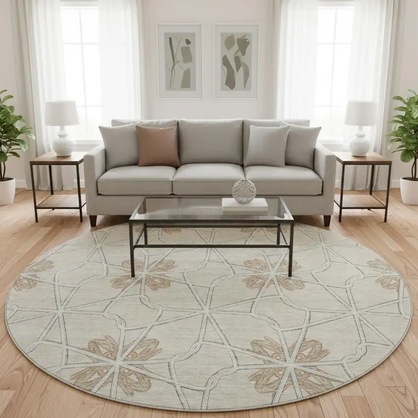 8' Beige Taupe And Gray Geometric Washable Round Rug With UV Protection Photo 2