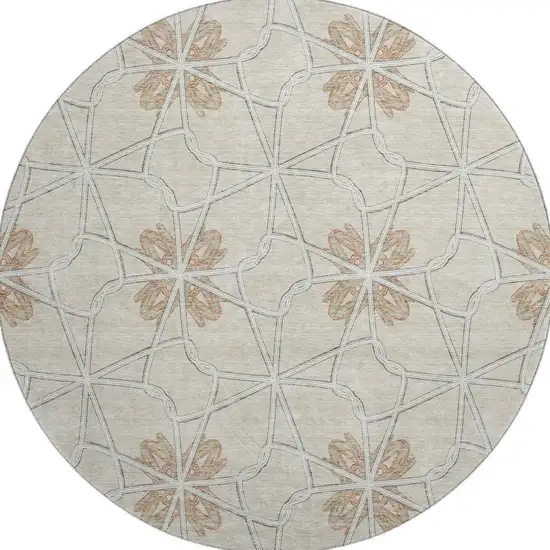 8' Beige Taupe And Gray Geometric Washable Round Rug With UV Protection Photo 3