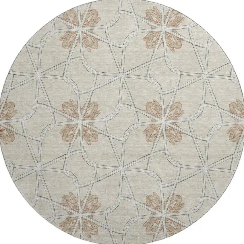 8' Beige Taupe And Gray Geometric Washable Round Rug With UV Protection Photo 3