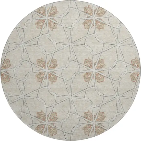 8' Beige Taupe And Gray Geometric Washable Round Rug With UV Protection Photo 1